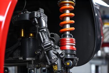 High-performance coilover suspension being installed on a vehicle.